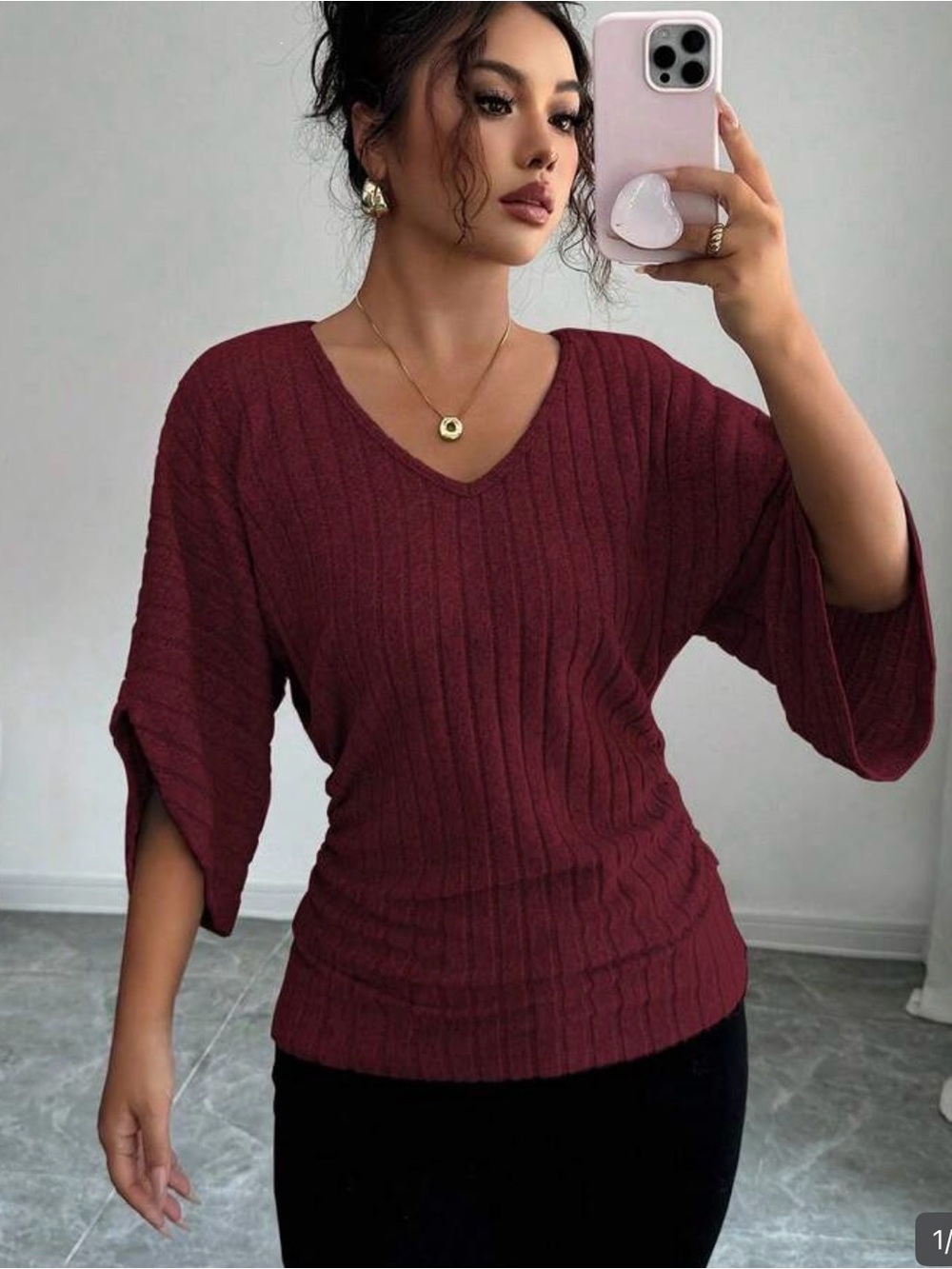 Women's Ribbed V-Neck Dolman Sweater - Burgundy